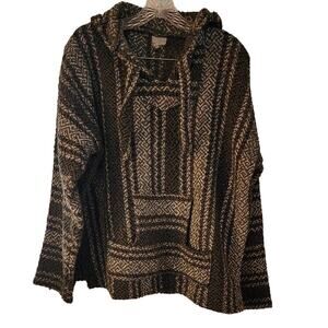 Mexican Baja Woven Hippie Cozy Pullover V-Neck Hooded Ties Front Pockets Poncho